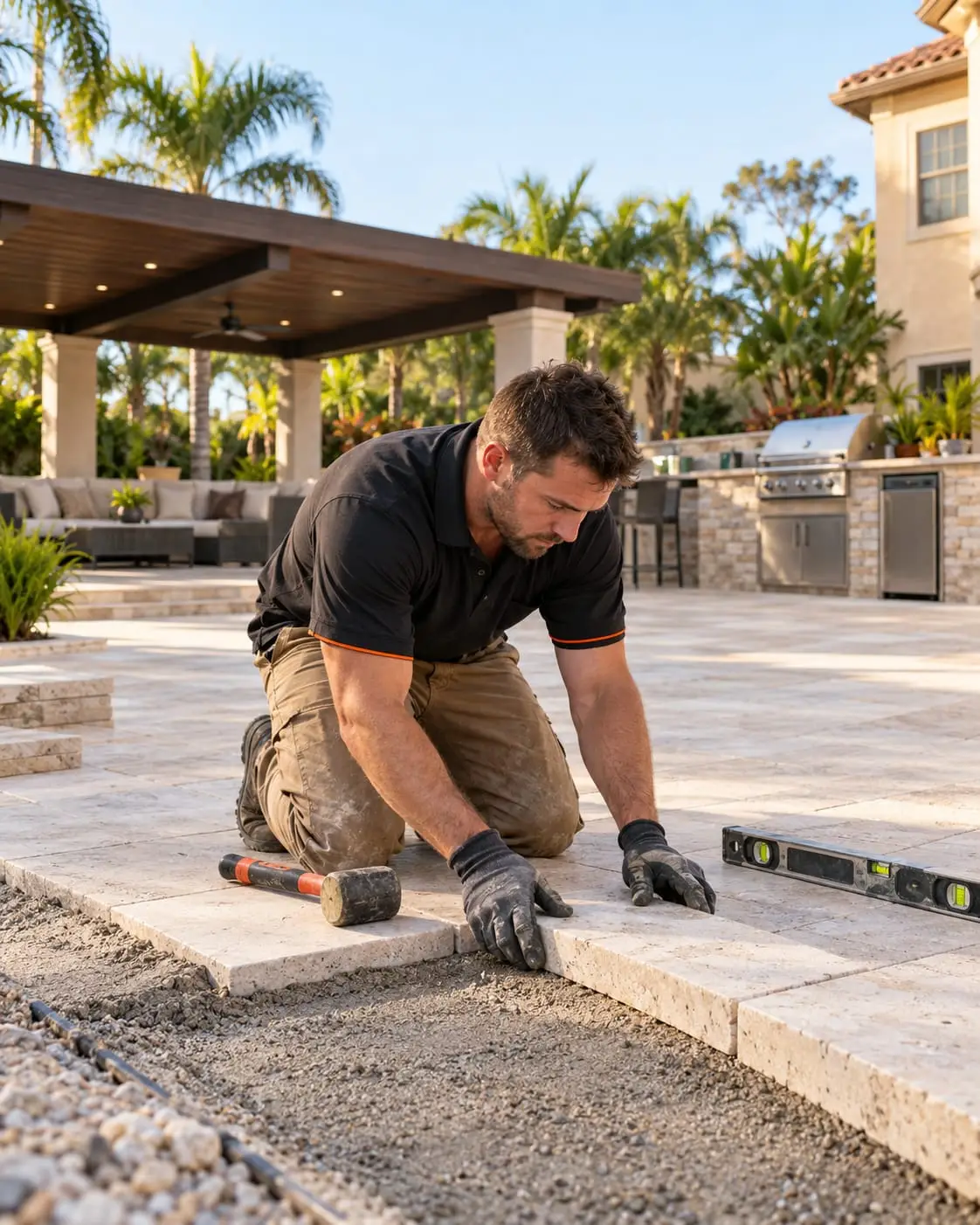 Hardscaper setting travertine pavers on a new patio, with a covered lounge and stone outdoor kitchen behind him