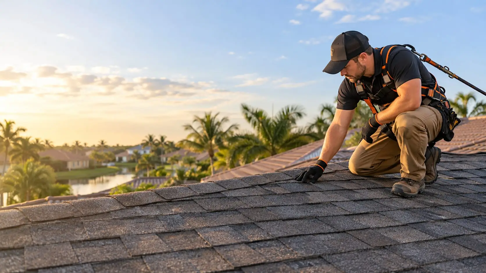 Roofer in a safety harness inspecting shingles on a Florida home at sunrise, palm trees and a lake behind him